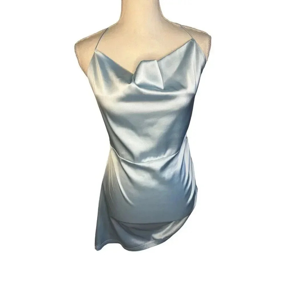 CIDER SIZE MEDIUM BLUE SATIN COWL NECK CAMI SHORT DRESS